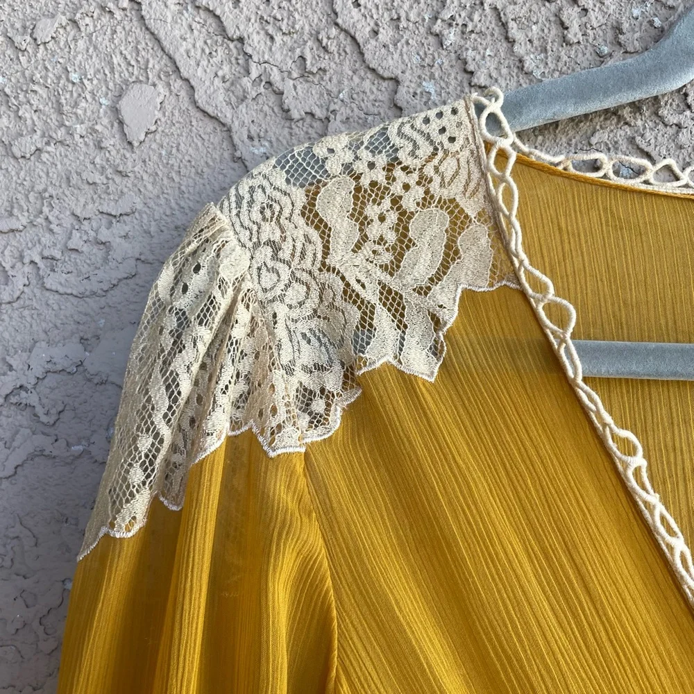 ASOS Mustard Yellow Saffron Chiffon Boho Lace Crochet Ruched Mini Dress - Picture 6 of 13